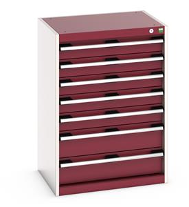 40011051.** Bott Cubio drawer cabinet with overall dimensions of 650mm wide x 525mm deep x 900mm high Cabinet consists of 5 x 100mm and 2 x 150mm high drawers 100% extension drawer with internal dimensions of 525mm wide x 400mm deep. The drawers have a U.D.L...